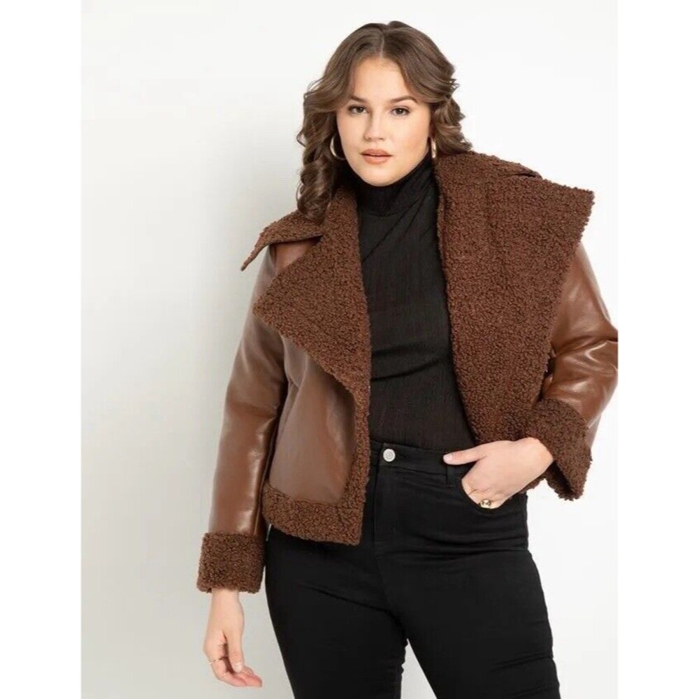 Eloquii Womens 14 16 Cropped Sherpa Moto Jacket Leather Trendy Brown Edgy $180